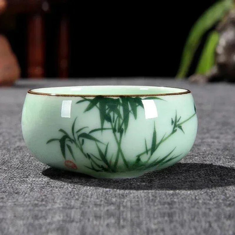 Traditional Celadon Hand-Painted Landscape Teacup Ceramic Lotus 80Ml