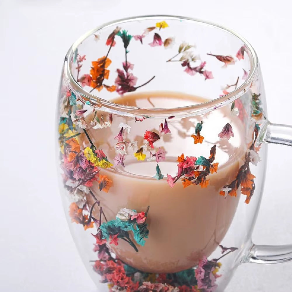 300ML Double-Wall Flower Glass Coffee Tea Mug 