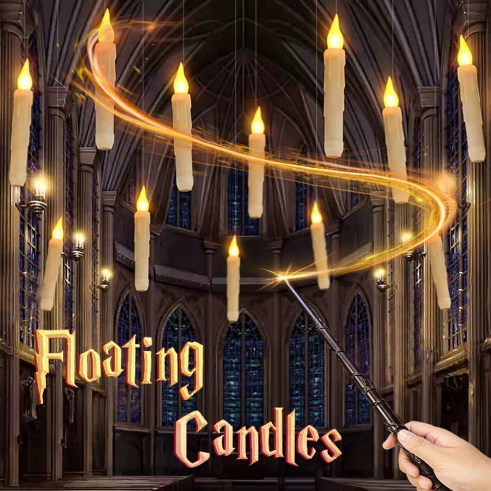 12 Pcs Hanging Floating Candle LED Wand Remote Control Magic Flameless Taper Fake Candle for Halloween Party Decor