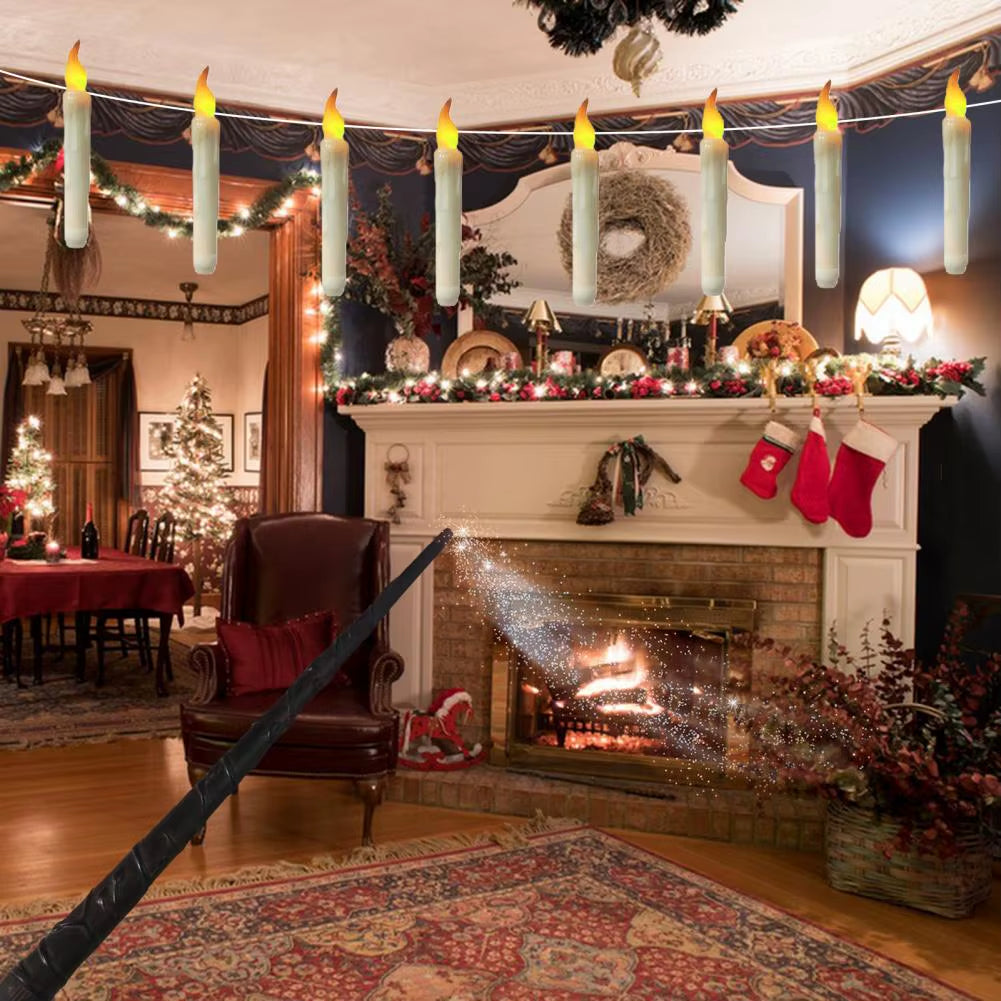 12 Pcs Hanging Floating Candle LED Wand Remote Control Magic Flameless Taper Fake Candle for Halloween Party Decor