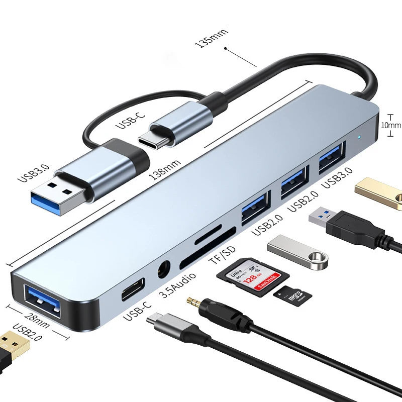 8 in 2 USB +Type C HUB Docking Station with 3.5Mm Audio Jack Adapter 