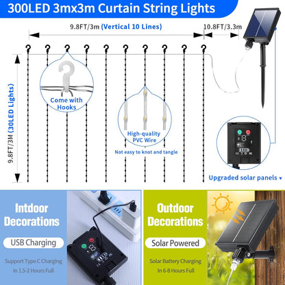 Solar Curtain Lights Outdoor Waterproof 