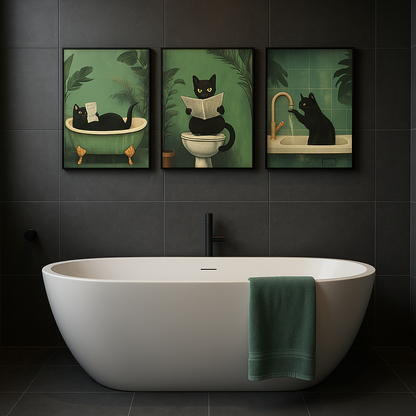 Funny Bathroom Black Cat Canvas Poster
