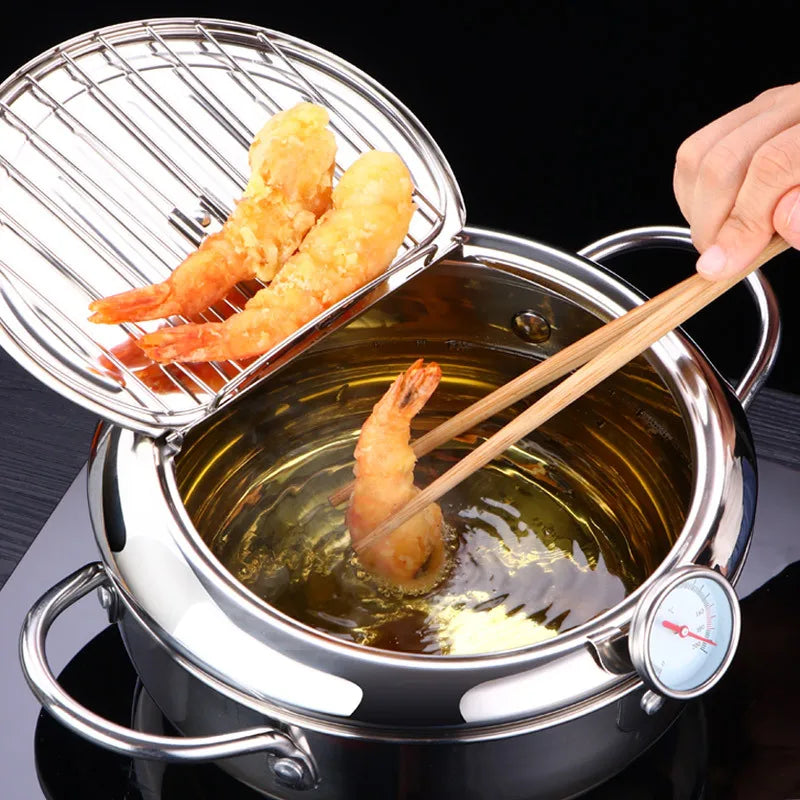 LMETJMA® Japanese Deep Frying Pot with a Thermometer and a Lid 
