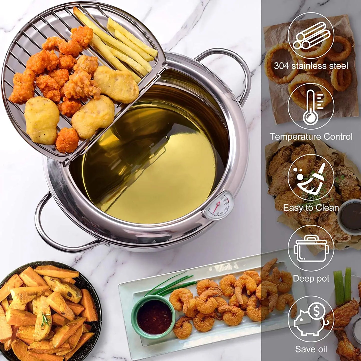 LMETJMA® Japanese Deep Frying Pot with a Thermometer and a Lid 