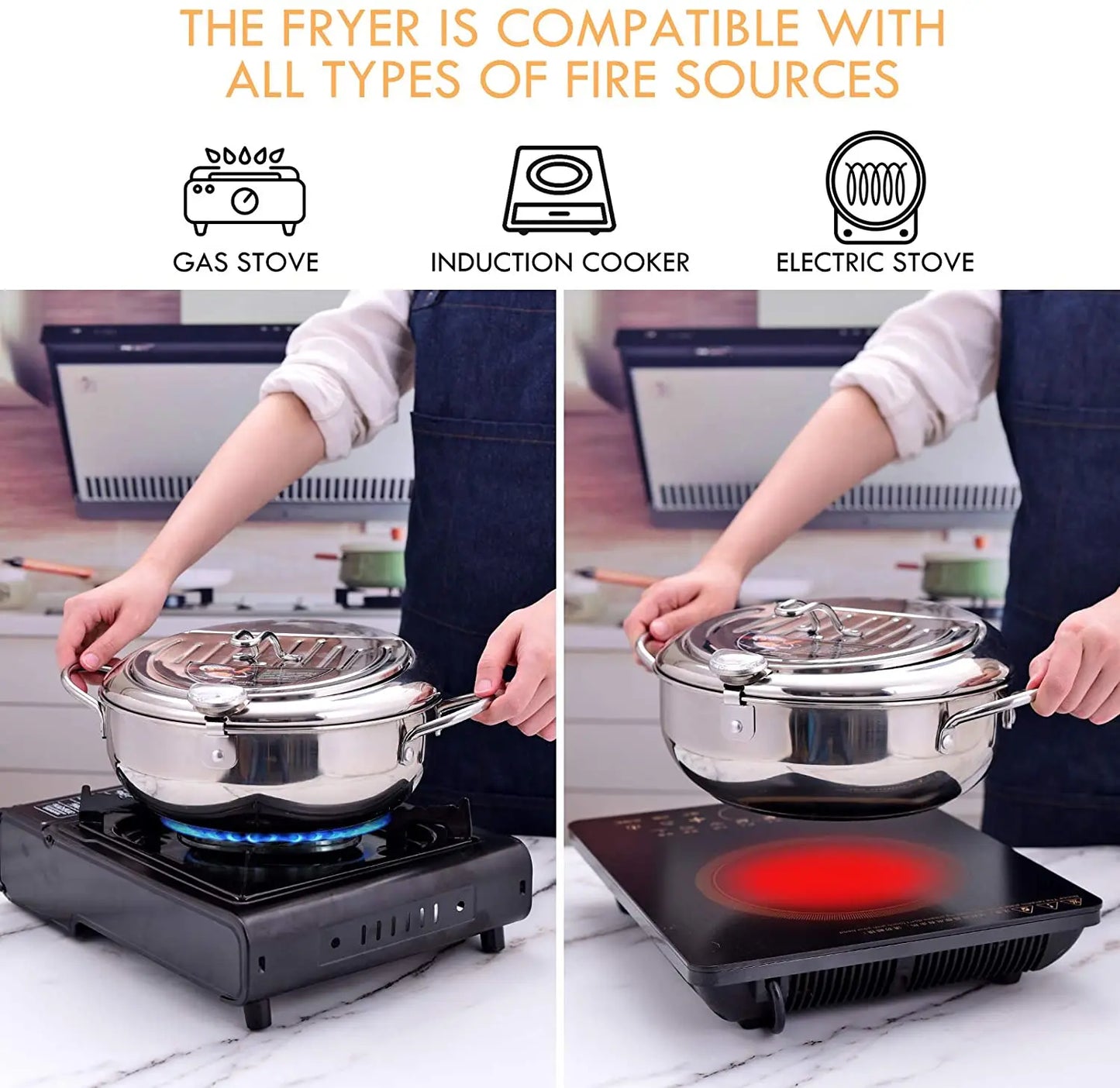 LMETJMA® Japanese Deep Frying Pot with a Thermometer and a Lid 
