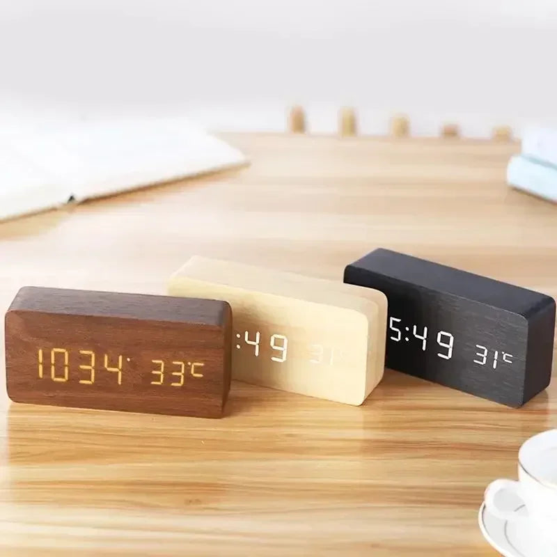 Digital Alarm Clock Wooden LED Table Clock with Temperature 