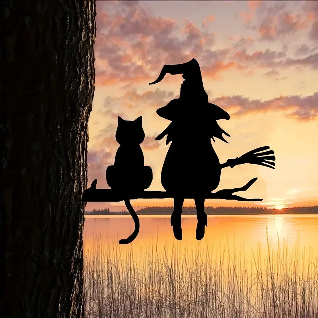 Garden Stake Witch and Cat 