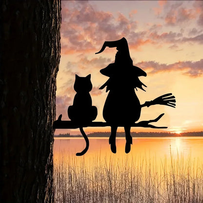 Garden Stake Witch and Cat 