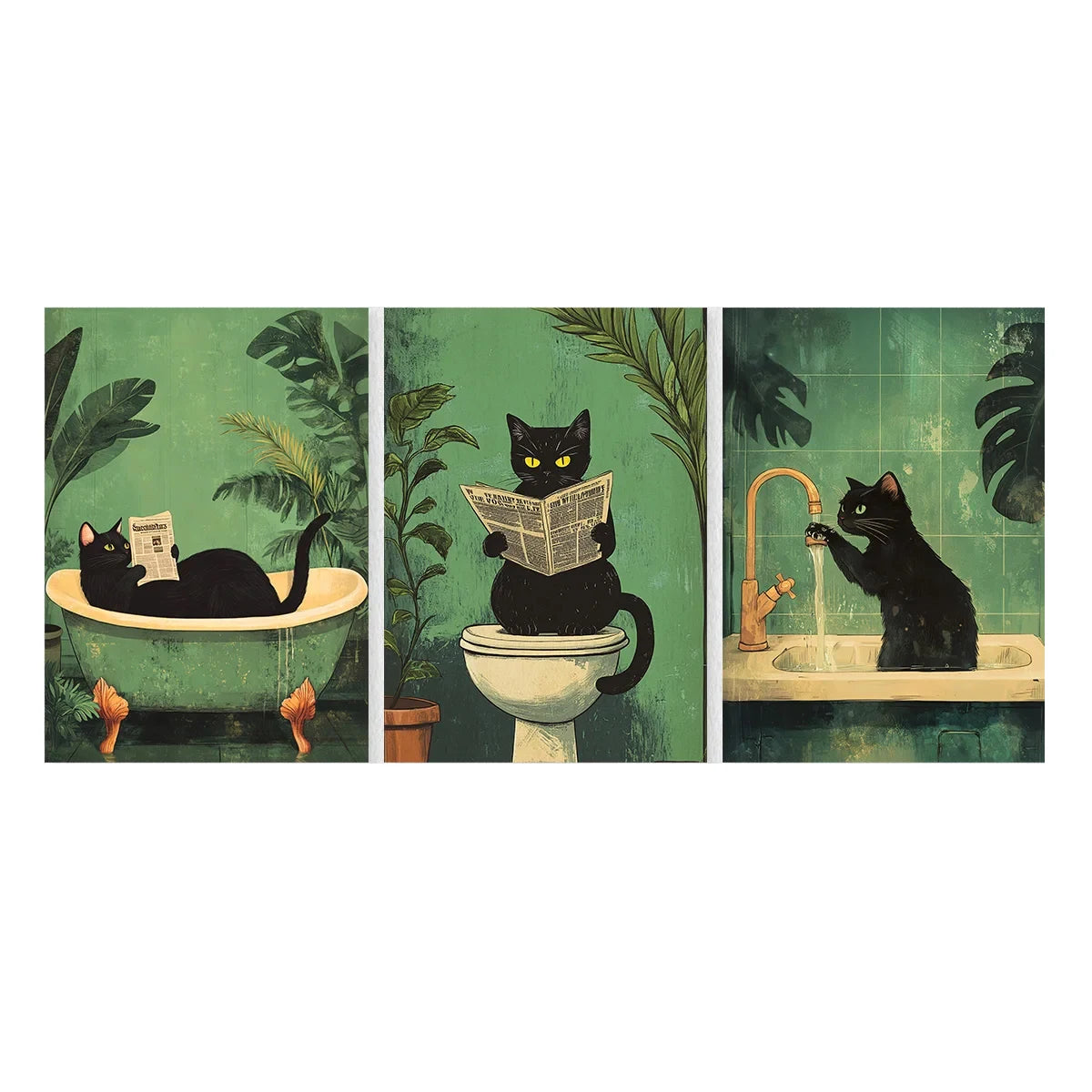 Funny Bathroom Black Cat Canvas Poster 