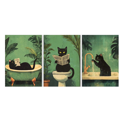 Funny Bathroom Black Cat Canvas Poster 