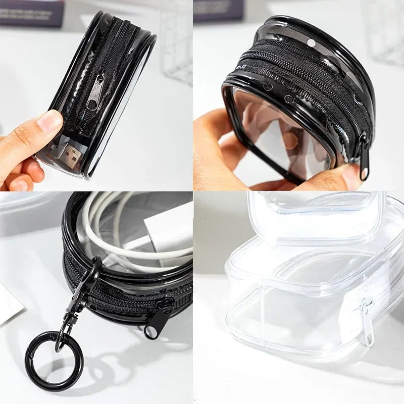 Portable Mini Transparent Charging Cable Storage Bag with Zipper Multifunctional Headphone Case Travel Accessories with Keychain