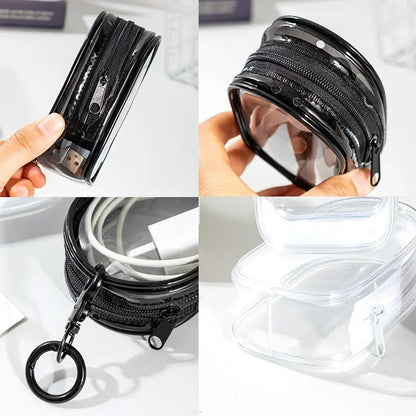 Portable Mini Transparent Charging Cable Storage Bag with Zipper Multifunctional Headphone Case Travel Accessories with Keychain
