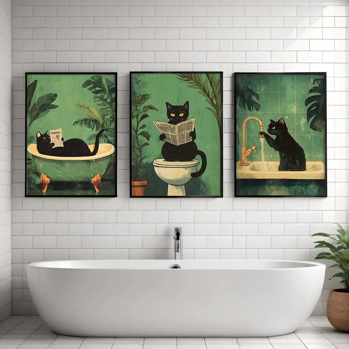 Funny Bathroom Black Cat Canvas Poster 