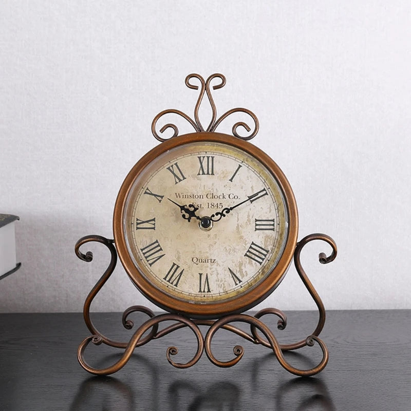 Vintage Retro Iron Ornament Battery Operated Silent Table Clock 
