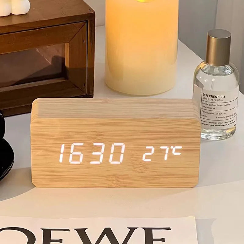 Digital Alarm Clock Wooden LED Table Clock with Temperature 