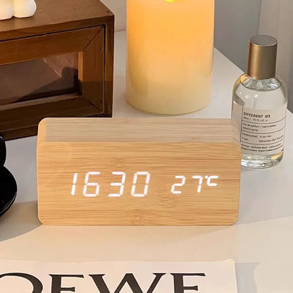 Digital Alarm Clock Wooden LED Table Clock with Temperature 