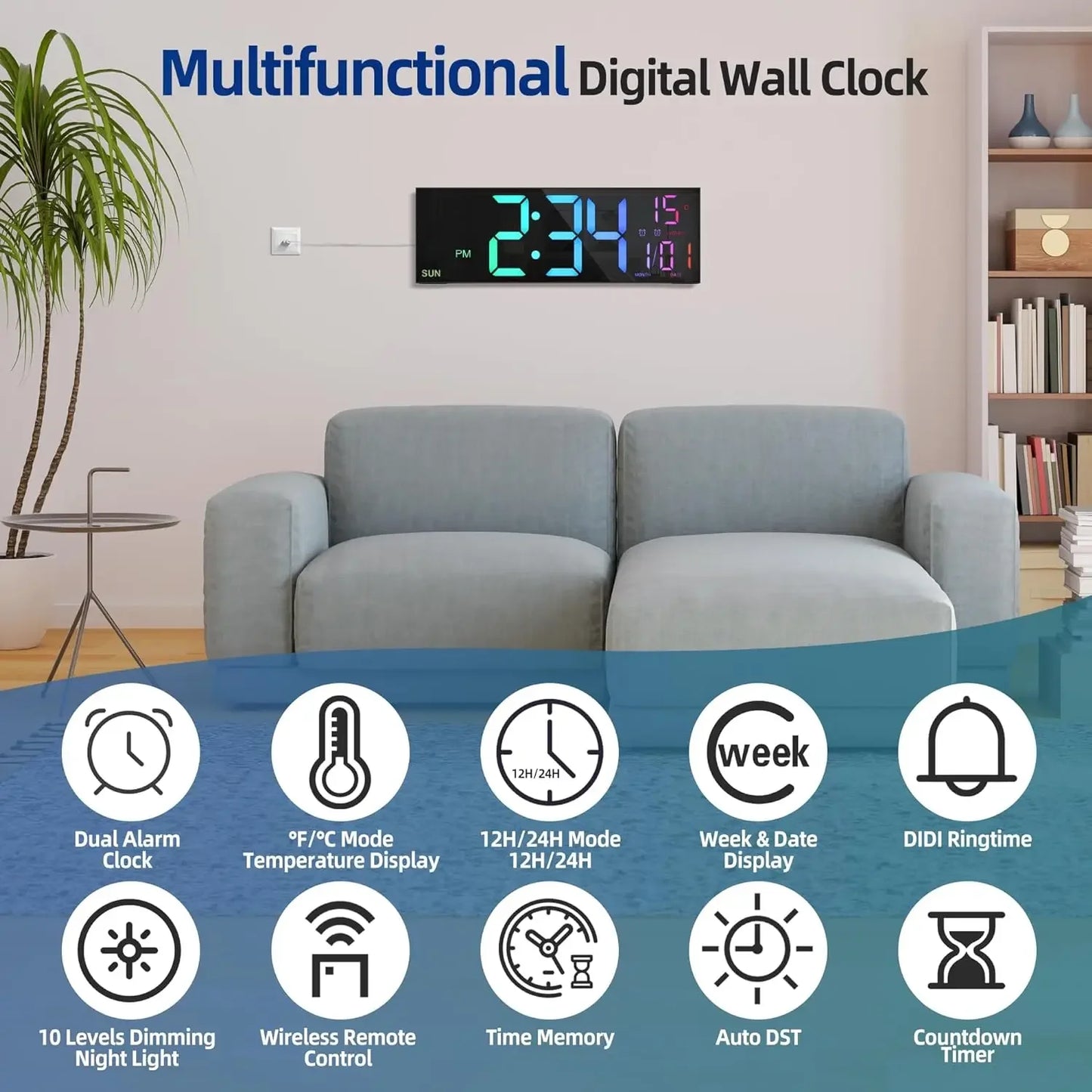 Large Digital Wall Clock with Remote Control 