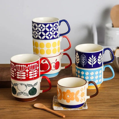 300Ml Japanese Flower Coffee Mug Set Retro Ceramic 