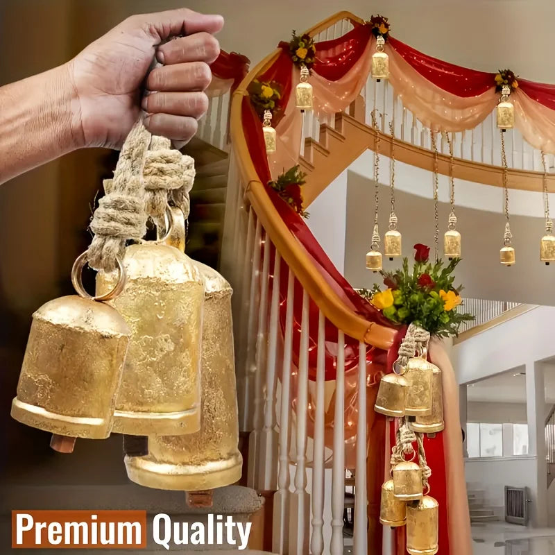 3Pcs Handcrafted-Look Antique Golden Metal Christmas Bells 