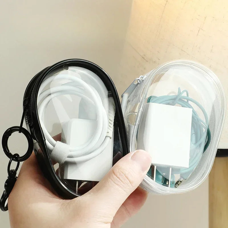 Portable Mini Transparent Charging Cable Storage Bag with Zipper Multifunctional Headphone Case Travel Accessories with Keychain