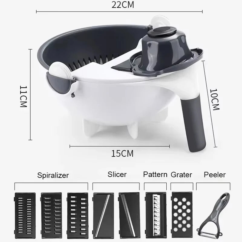 2025 Newest Multifunctional 9 in 1 Vegetable Slicer Cutter Chopper Fruit Strainer Basket Spiralizer Grater Food Peeler