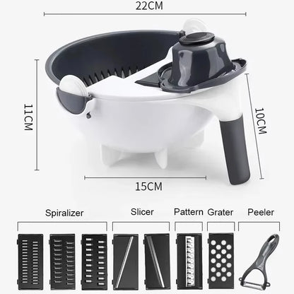 2025 Newest Multifunctional 9 in 1 Vegetable Slicer Cutter Chopper Fruit Strainer Basket Spiralizer Grater Food Peeler