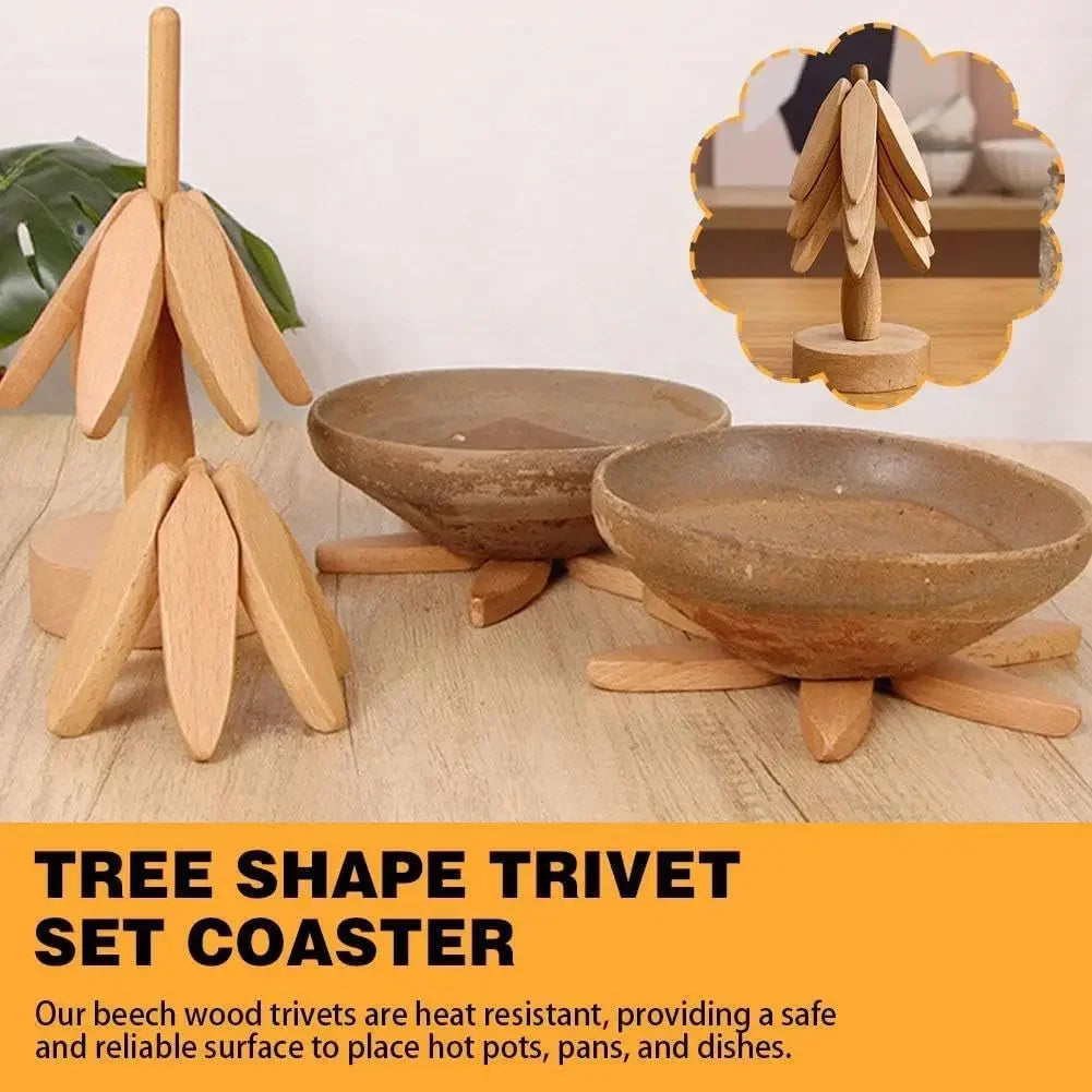 4PCS Wooden Trivets for Hot Dishes Folding Tree Shape