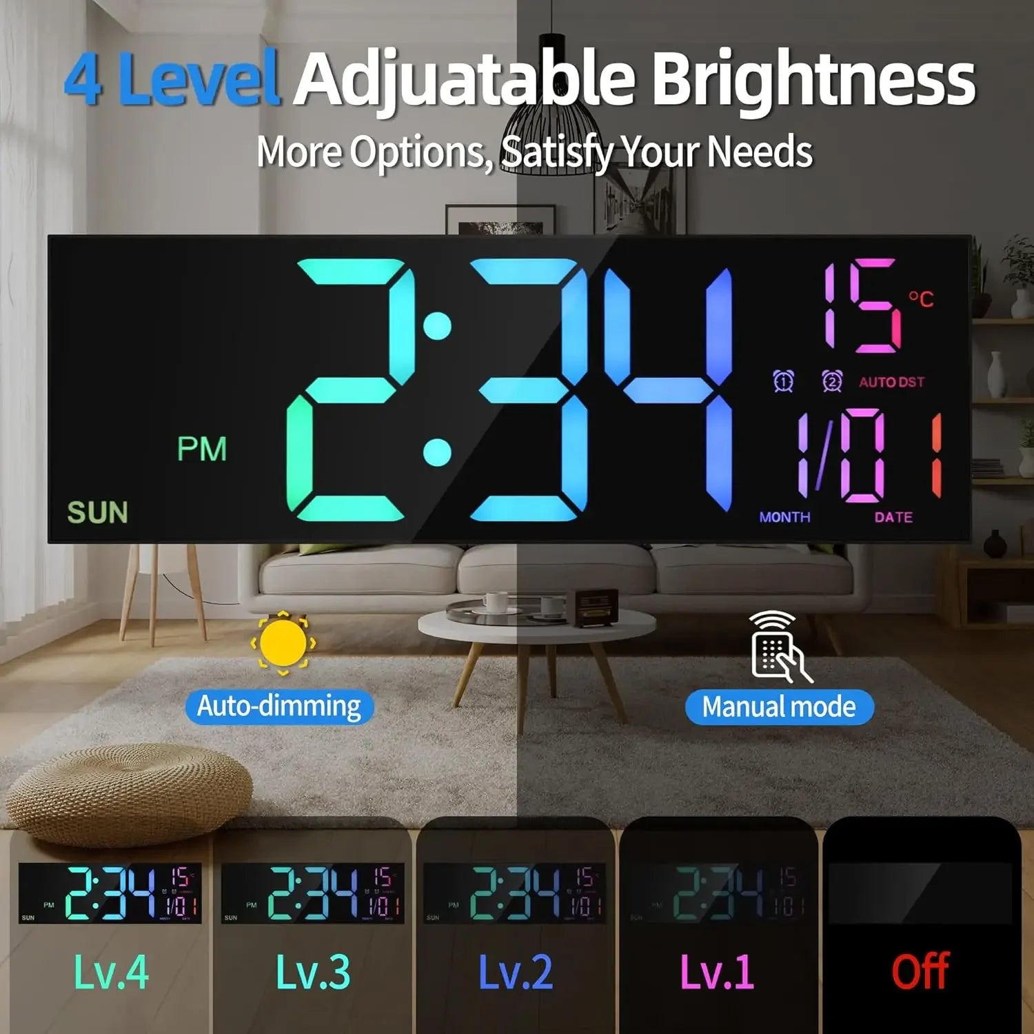Large Digital Wall Clock with Remote Control 