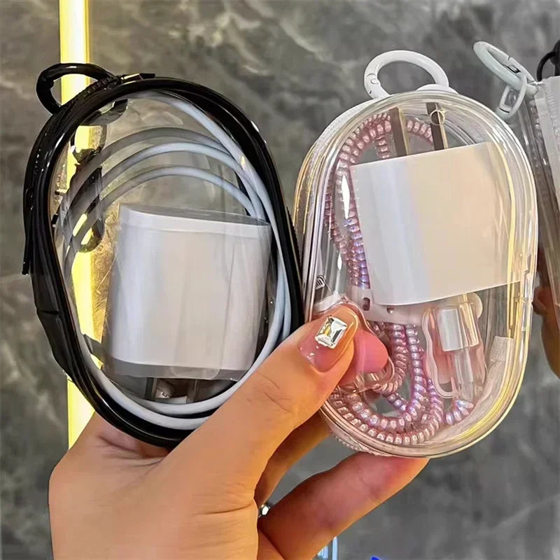 Portable Mini Transparent Charging Cable Storage Bag with Zipper Multifunctional Headphone Case Travel Accessories with Keychain