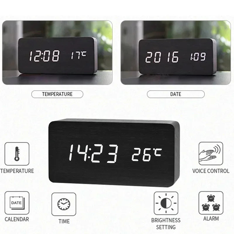 Digital Alarm Clock Wooden LED Table Clock with Temperature 