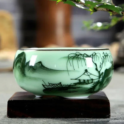 Traditional Celadon Hand-Painted Landscape Teacup Ceramic Lotus 80Ml