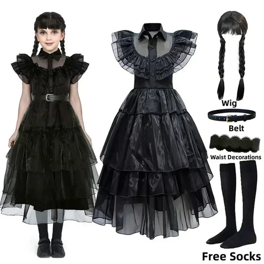 Wednesday Addams Dress up Costume for Girls Birthday Halloween Cosplay Party Dress with Wig Socks Belts for Kids 2-12 Years