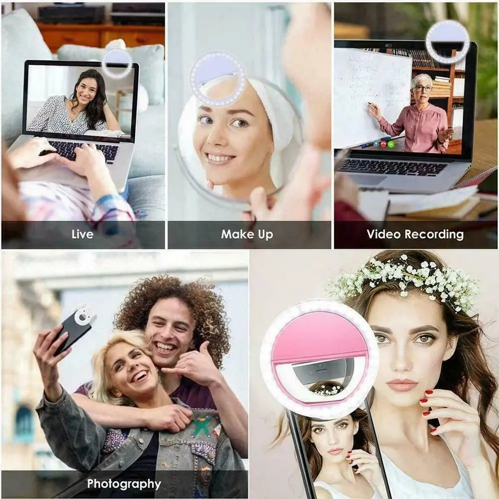USB Rechargeable LED Selfie Ring Light with Phone Clip Photo Lamps Video Light Photography Ringlight for Iphone Samsung Xiaomi