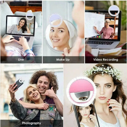 USB Rechargeable LED Selfie Ring Light with Phone Clip Photo Lamps Video Light Photography Ringlight for Iphone Samsung Xiaomi
