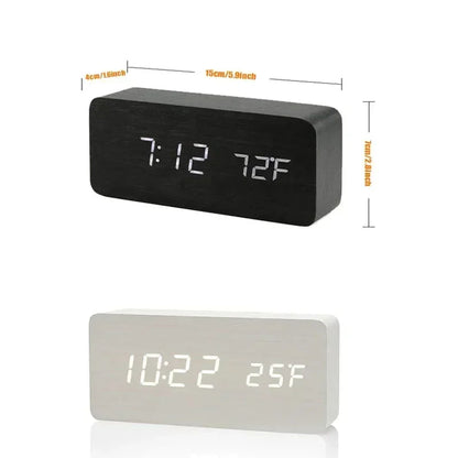 Digital Alarm Clock Wooden LED Table Clock with Temperature 