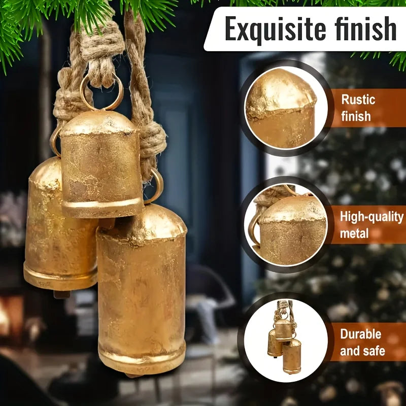 3Pcs Handcrafted-Look Antique Golden Metal Christmas Bells 