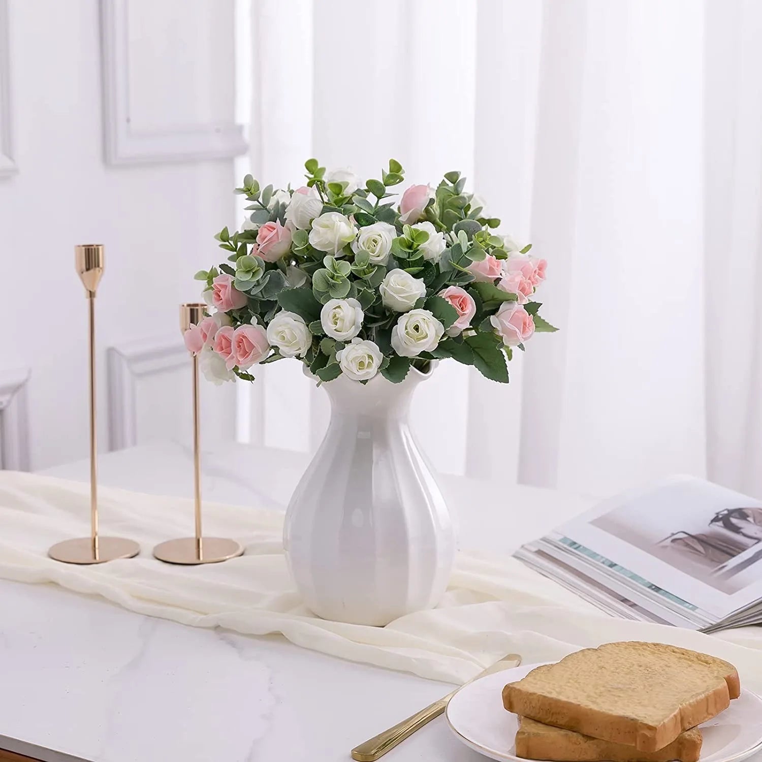 10 Artificial Flower Silk Rose White Eucalyptus Leaves Peony Bouquet Fake Flower for Wedding Table Party Vase Home Decor