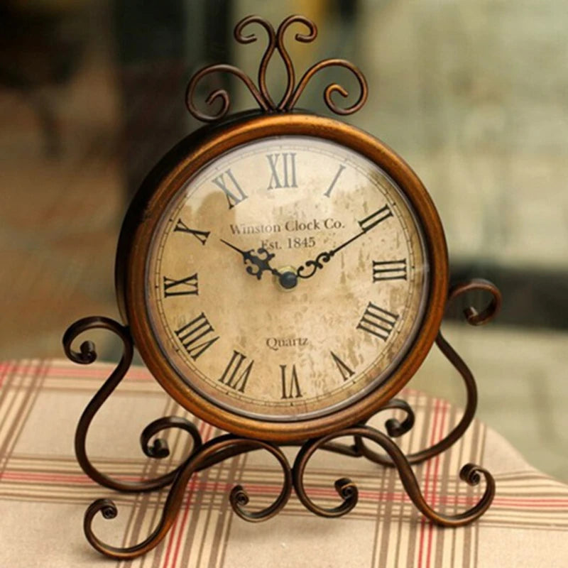 Vintage Retro Iron Ornament Battery Operated Silent Table Clock 
