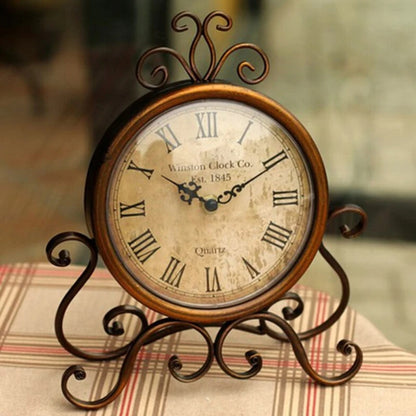 Vintage Retro Iron Ornament Battery Operated Silent Table Clock 
