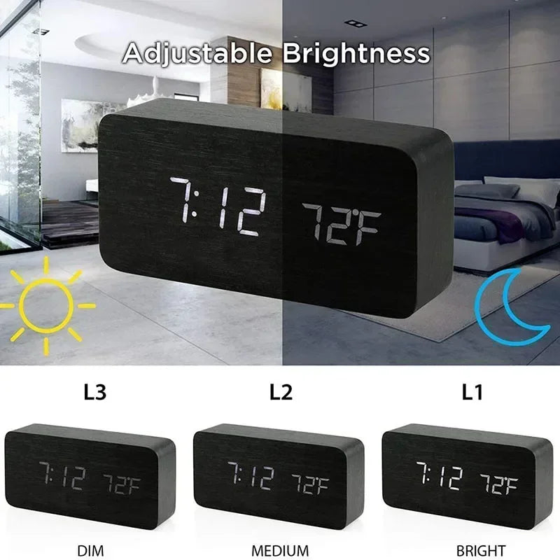 Digital Alarm Clock Wooden LED Table Clock with Temperature 