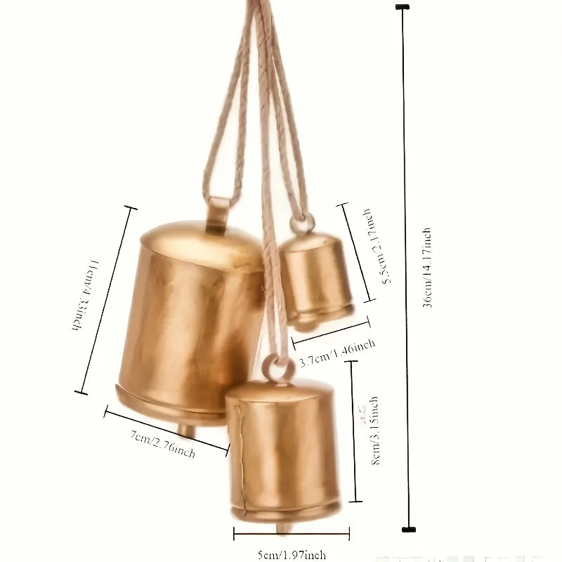 3Pcs Handcrafted-Look Antique Golden Metal Christmas Bells 