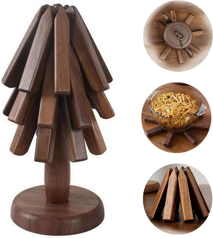 4PCS Wooden Trivets for Hot Dishes Folding Tree Shape