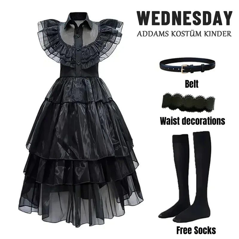 Wednesday Addams Dress up Costume for Girls Birthday Halloween Cosplay Party Dress with Wig Socks Belts for Kids 2-12 Years