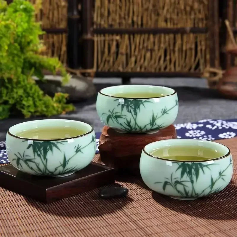 Traditional Celadon Hand-Painted Landscape Teacup Ceramic Lotus 80Ml