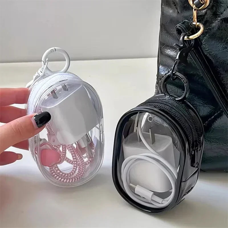 Portable Mini Transparent Charging Cable Storage Bag with Zipper Multifunctional Headphone Case Travel Accessories with Keychain