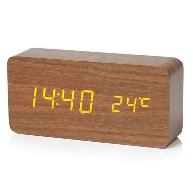 Digital Alarm Clock Wooden LED Table Clock with Temperature 