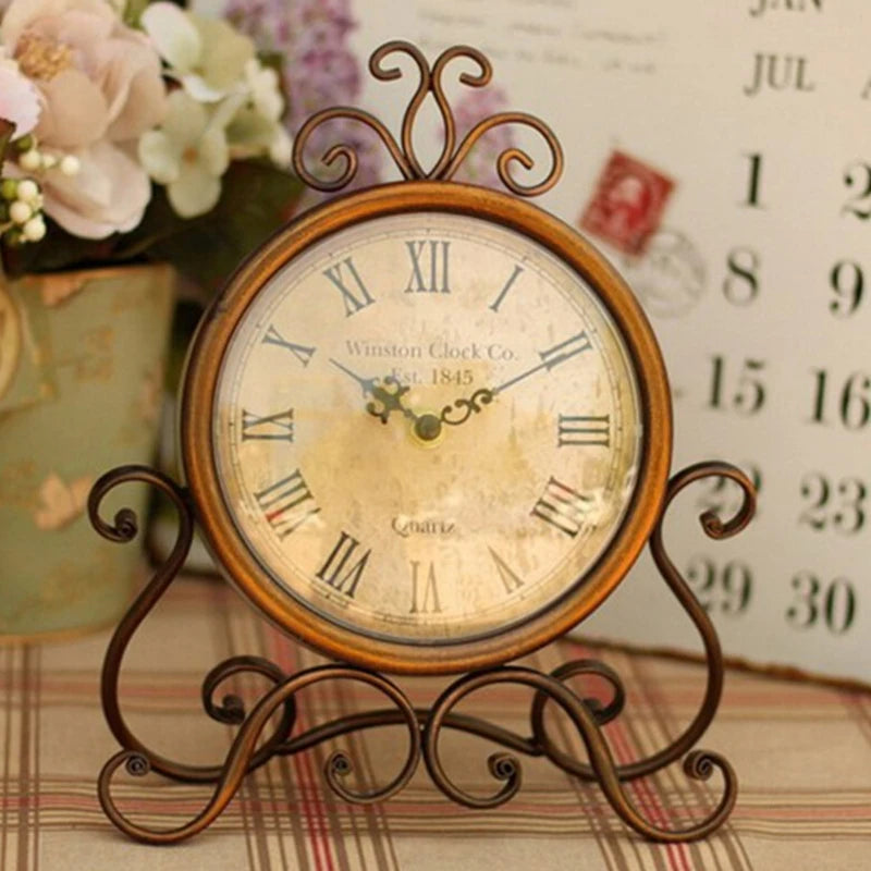 Vintage Retro Iron Ornament Battery Operated Silent Table Clock 