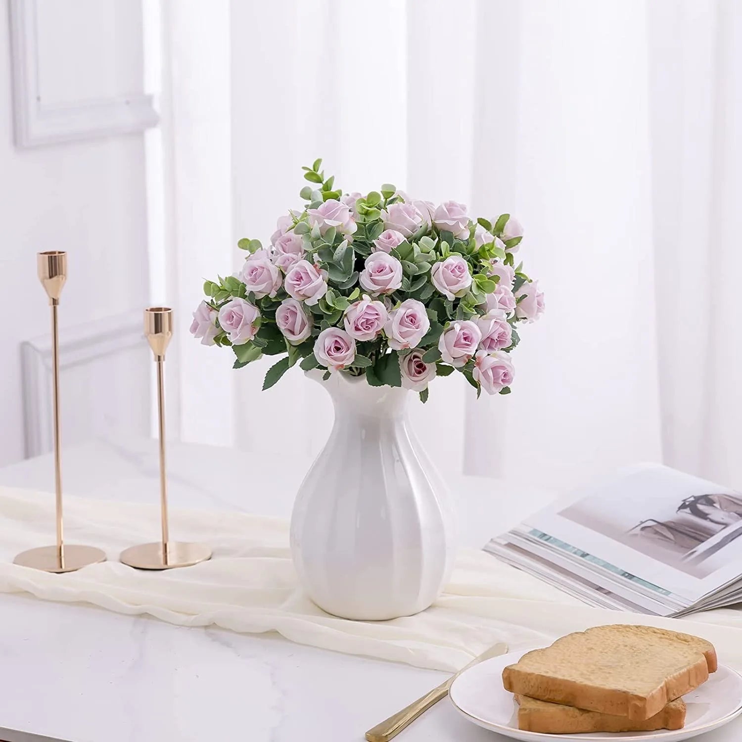 10 Artificial Flower Silk Rose White Eucalyptus Leaves Peony Bouquet Fake Flower for Wedding Table Party Vase Home Decor