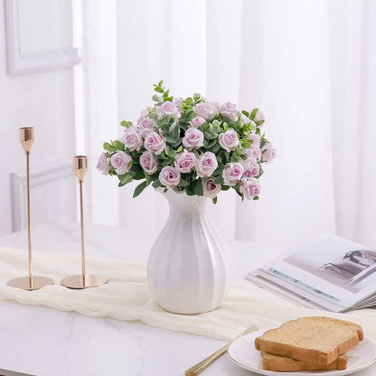 10 Artificial Flower Silk Rose White Eucalyptus Leaves Peony Bouquet Fake Flower for Wedding Table Party Vase Home Decor